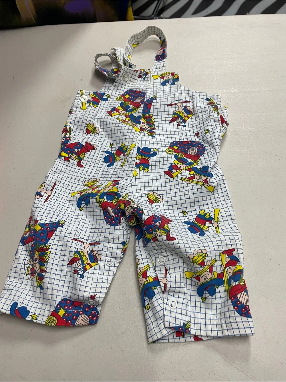 Vintage Kids White Grid Pattern One-Piece Bodysuit with Colorful Cartoon Print